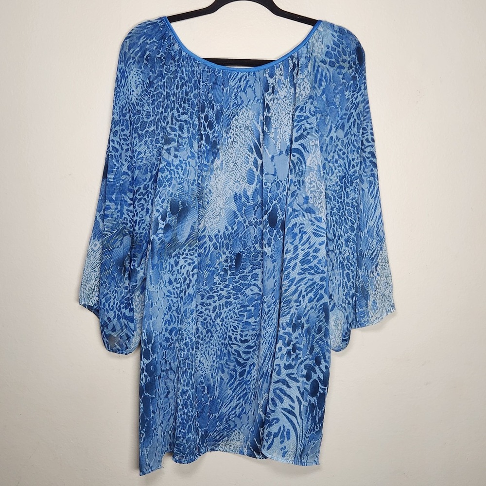 Maggie Barnes Womens 0X 14/16 Blue Abstract Print Sheer Lined Top Coastal Beachy - Picture 2 of 7